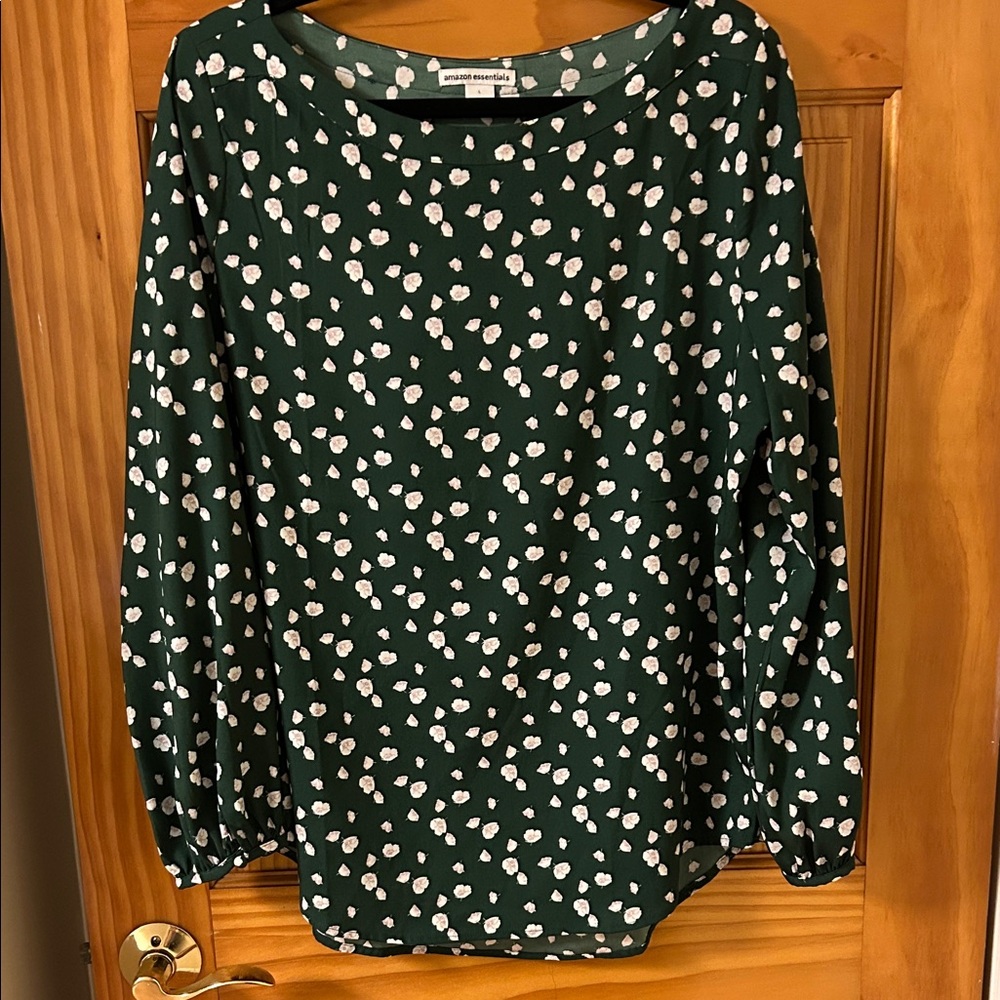 Amazon Essentials Dark Green Long-Sleeve Printed Top